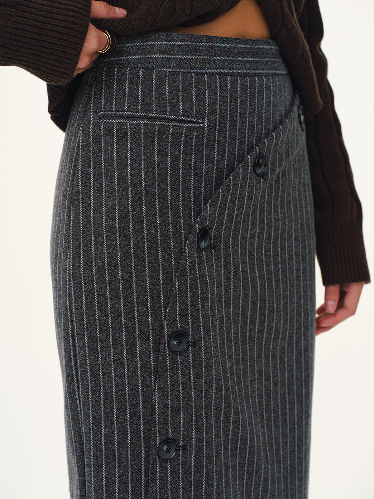 Asymmetric Button Striped Maxi Skirt
