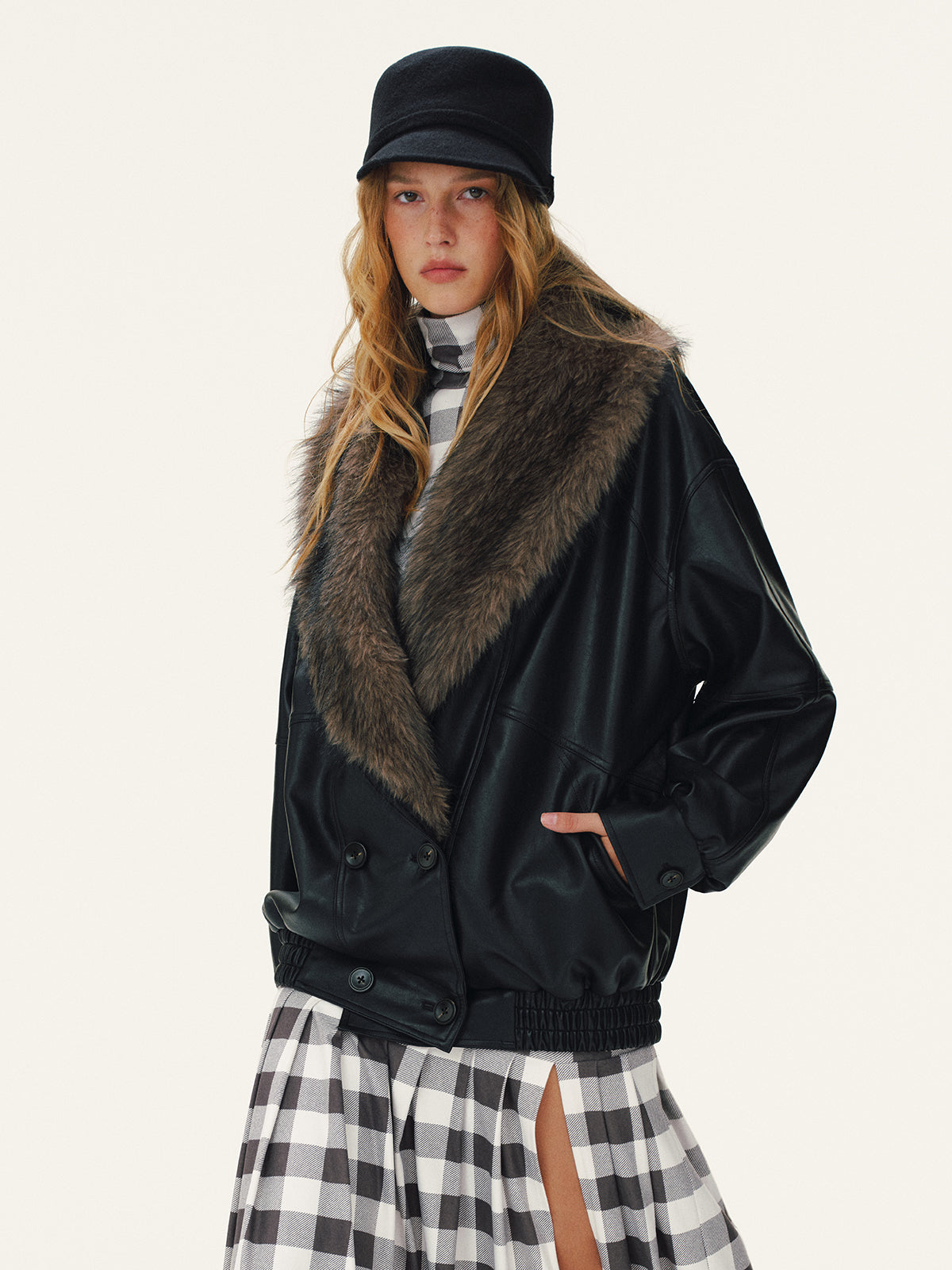 Detachable Faux Fur Collar Faux Leather Jacket