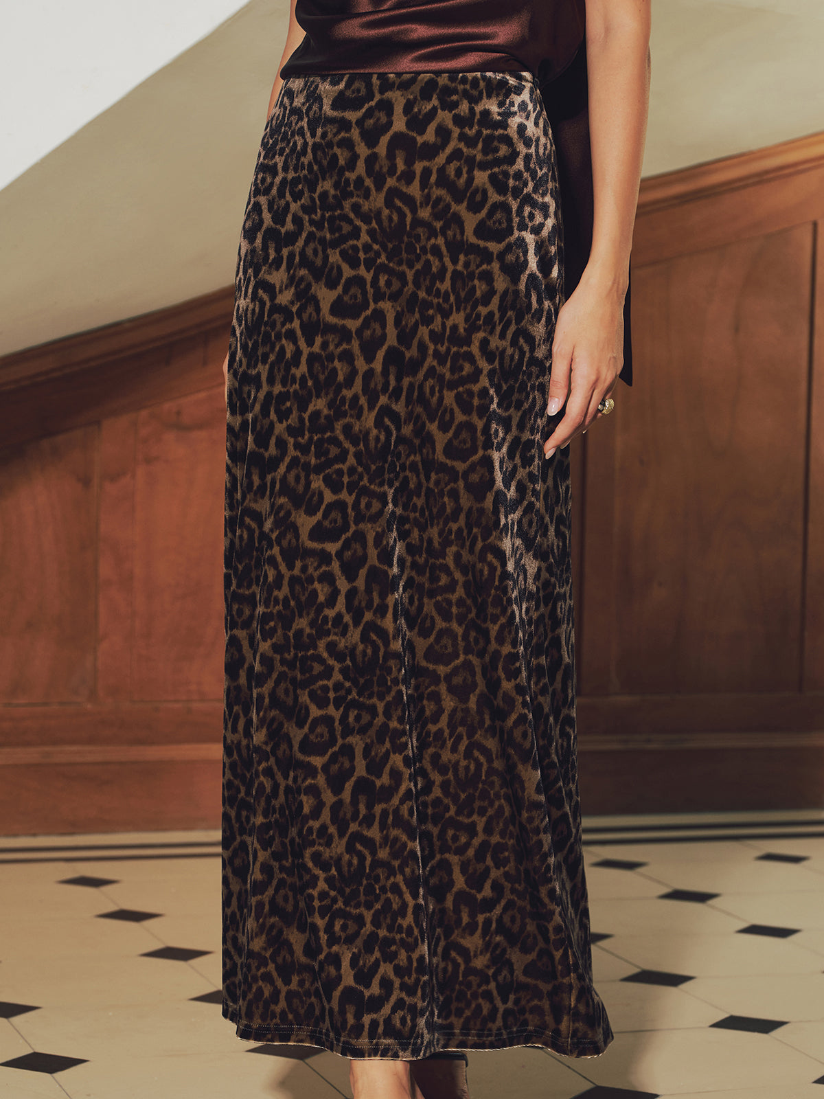 Leopard Print Velvet Mermaid Hem Maxi Skirt