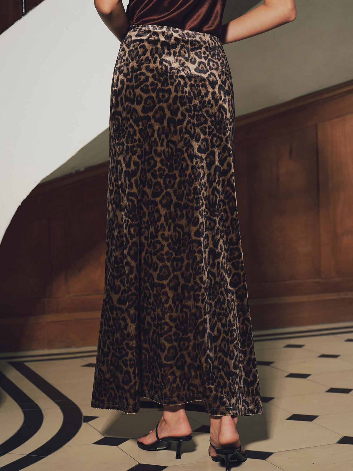Leopard Print Velvet Mermaid Hem Maxi Skirt