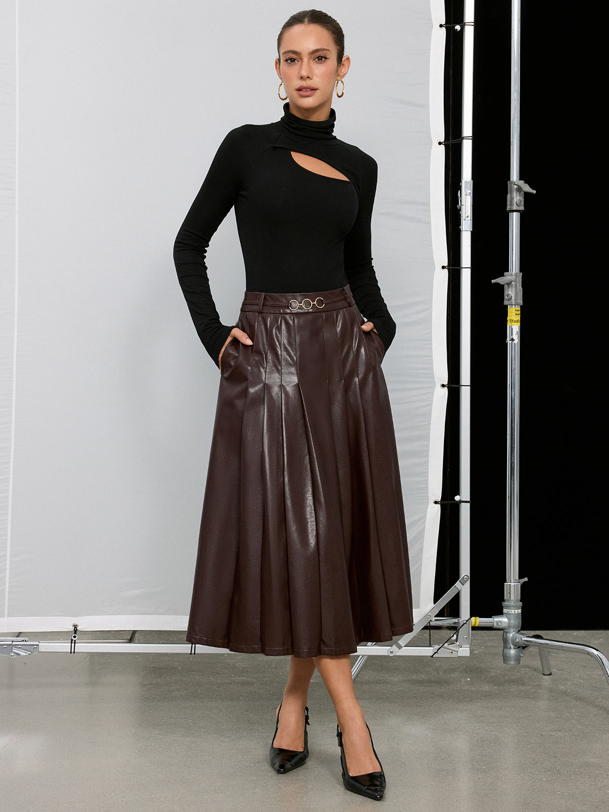 Pleated Faux Leather Maxi Skirt