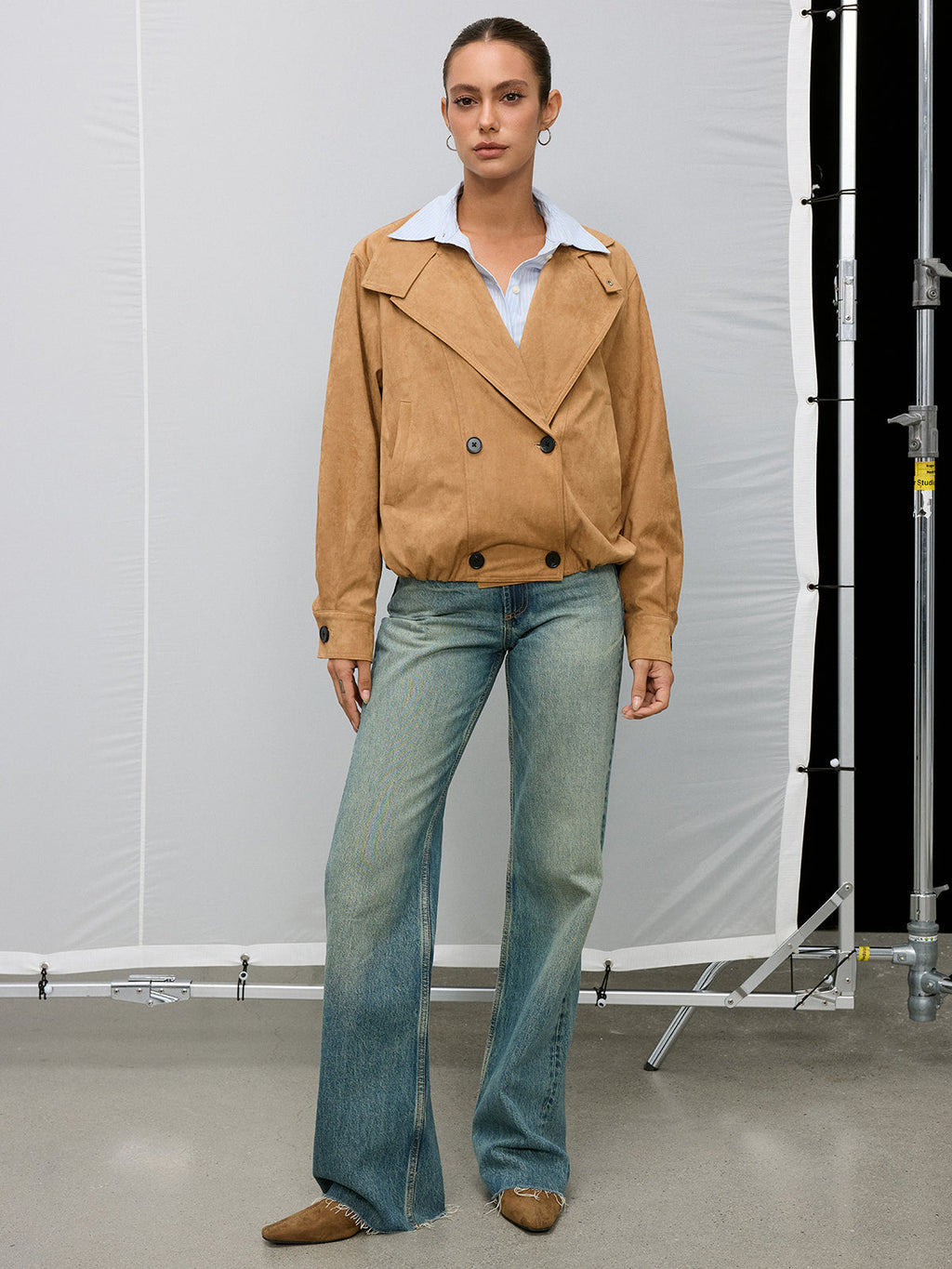 Double-Breasted Suede Effect Trench Coat
