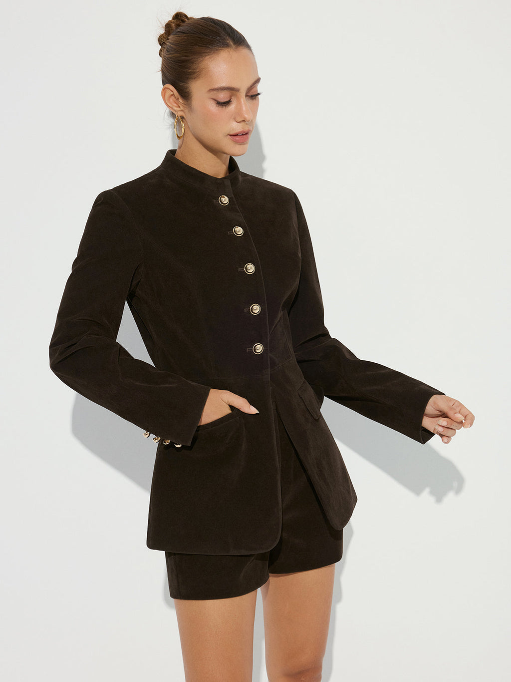 Metal Button Suede Effect Blazer