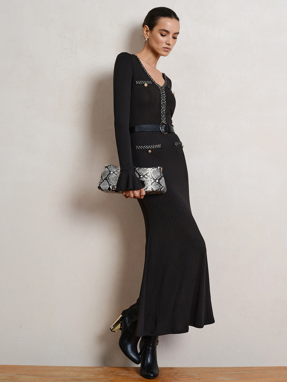 Belted V-Neck Flared Sleeve Maxi Dress