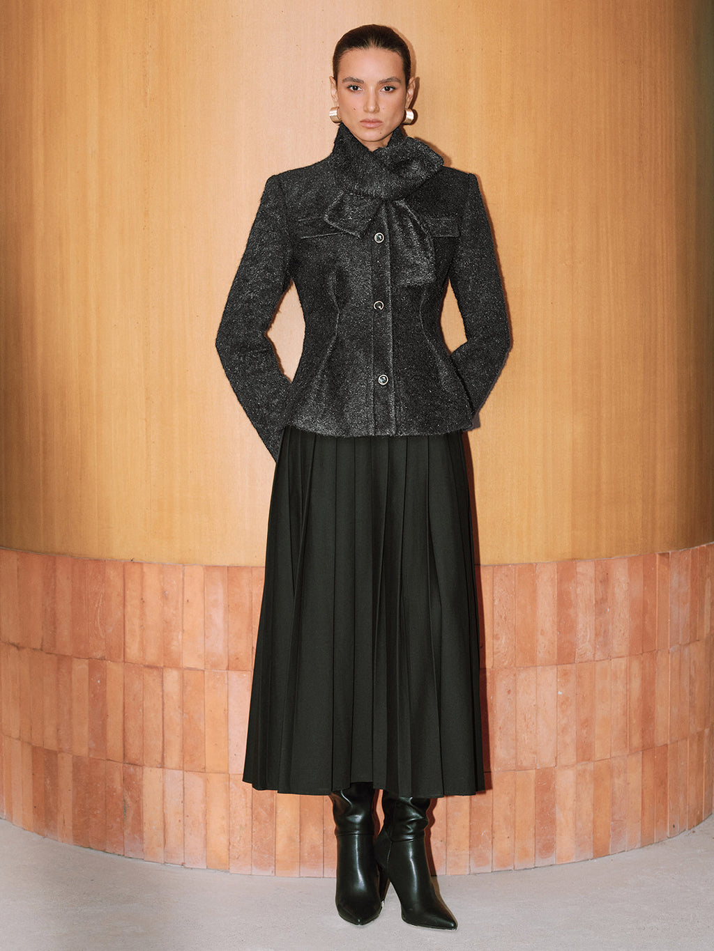 Button-Front Wool-Blend Coat with Scarf