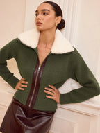 Faux Fur Collar Zip-Front Knit Outerwear