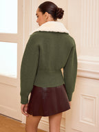 Faux Fur Collar Zip-Front Knit Outerwear
