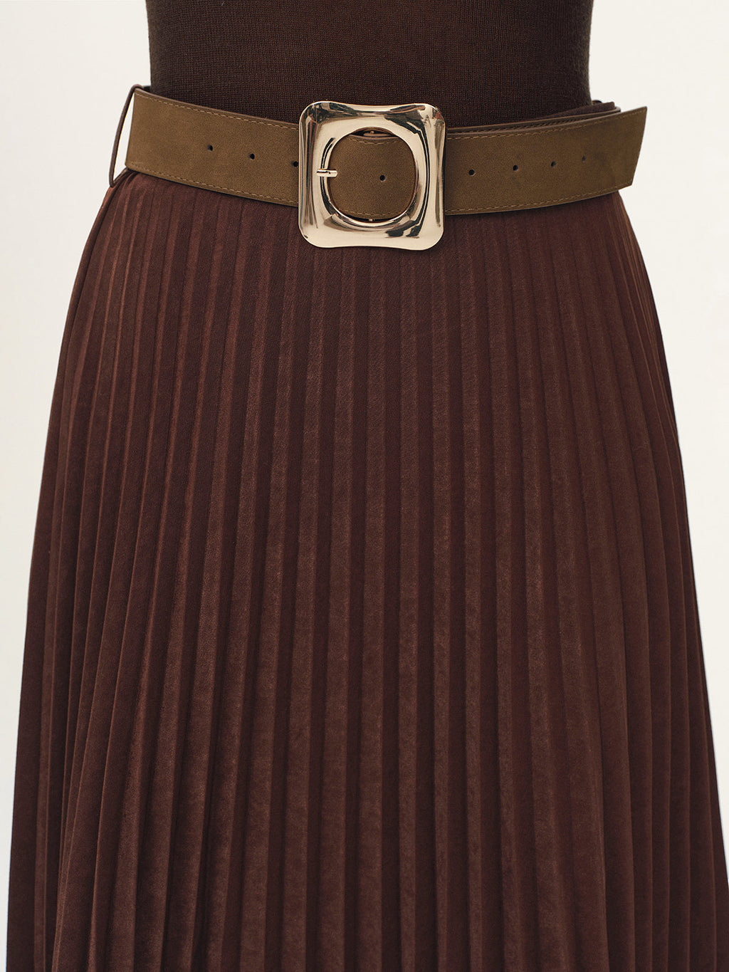 Belted Suede Effect Pleated Midi Skirt