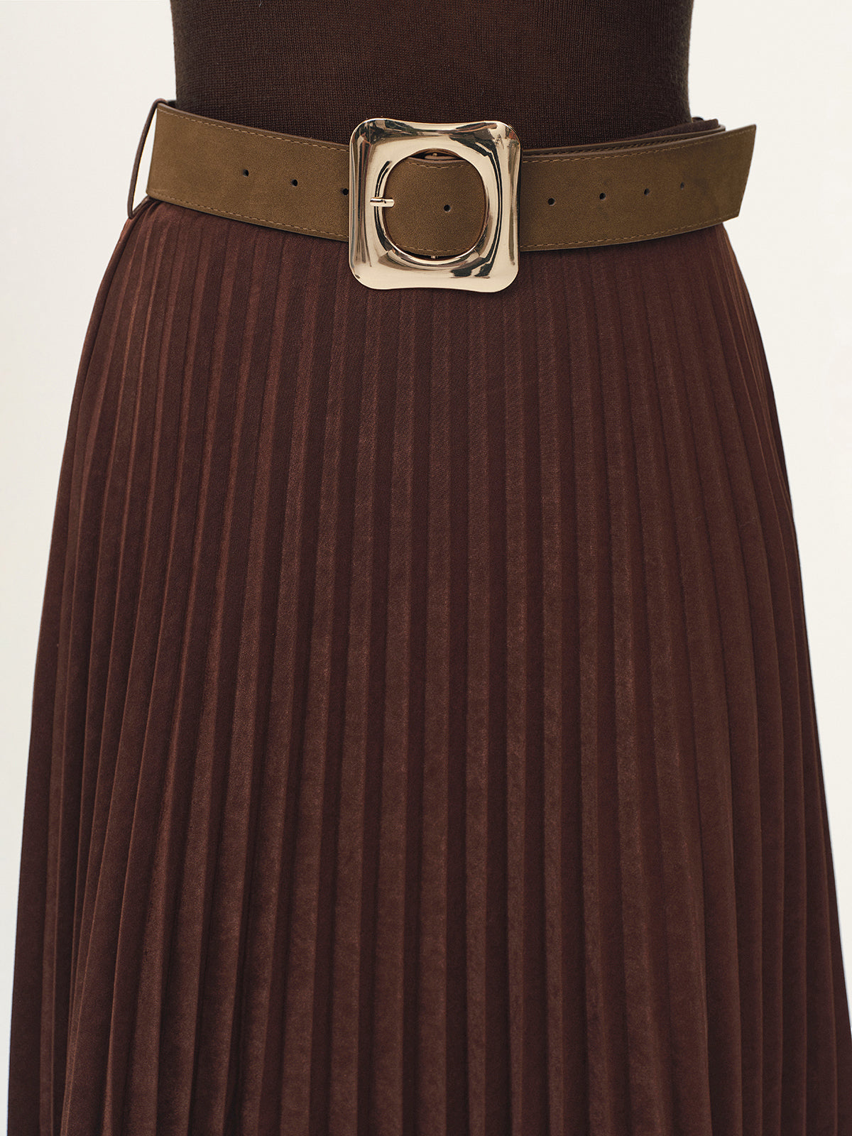 Belted Suede Effect Pleated Midi Skirt