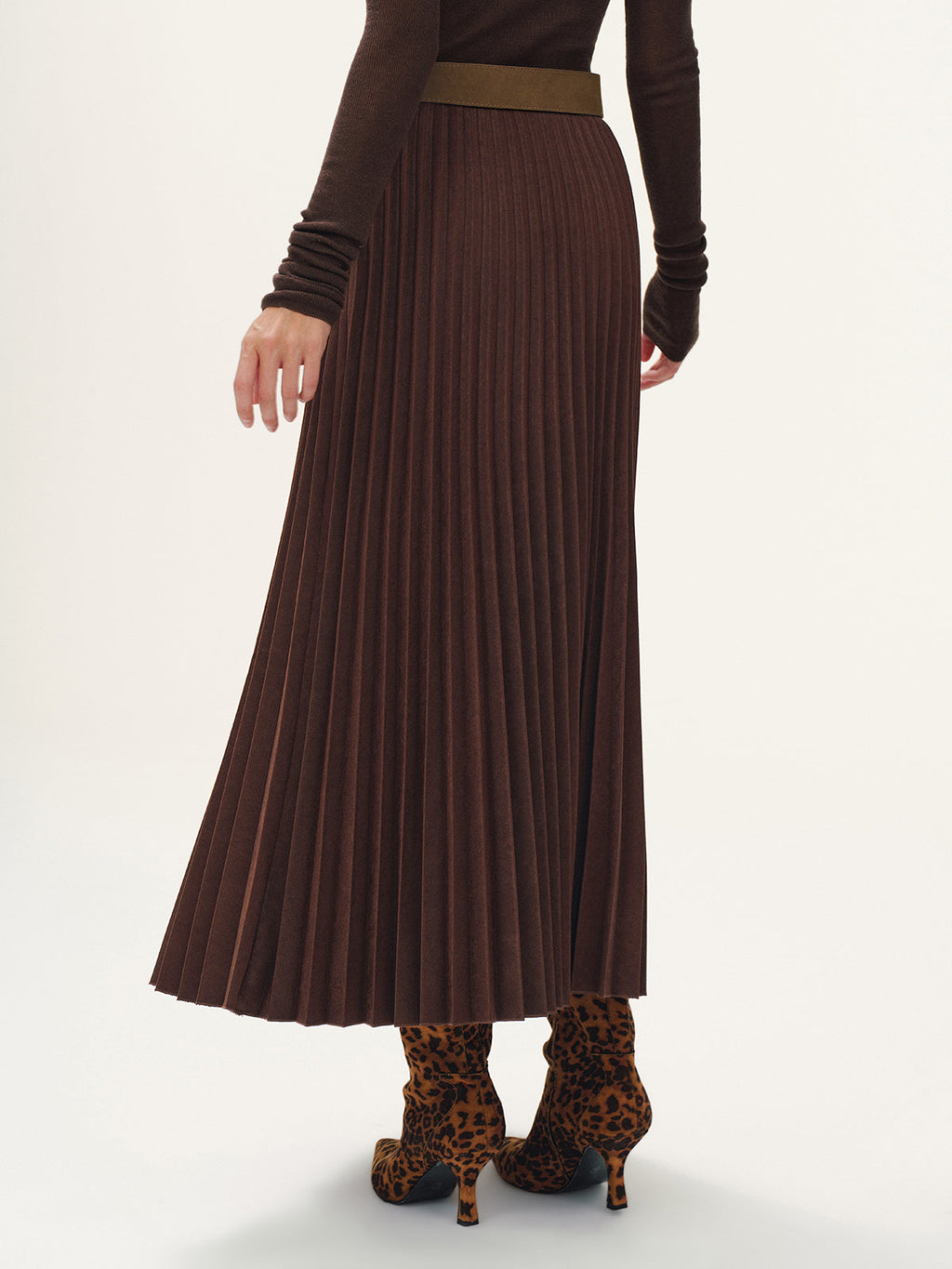 Belted Suede Effect Pleated Midi Skirt