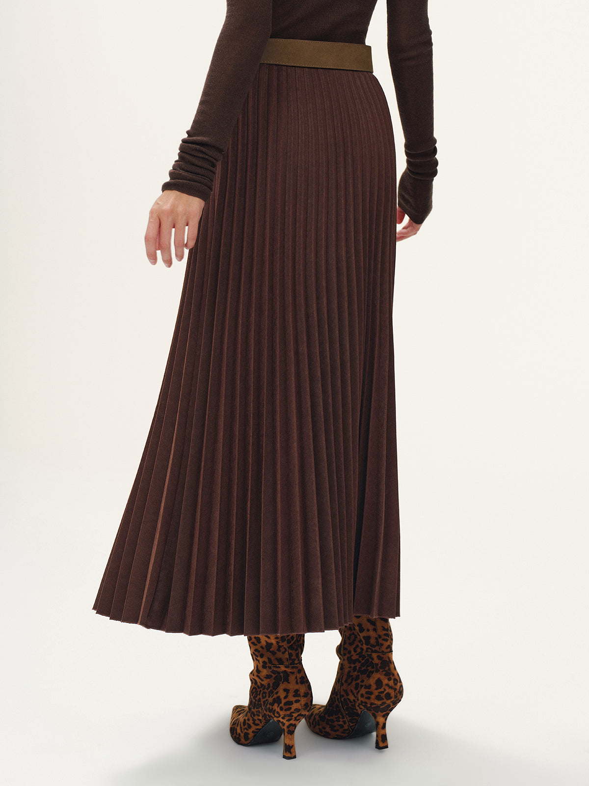 Belted Suede Effect Pleated Midi Skirt
