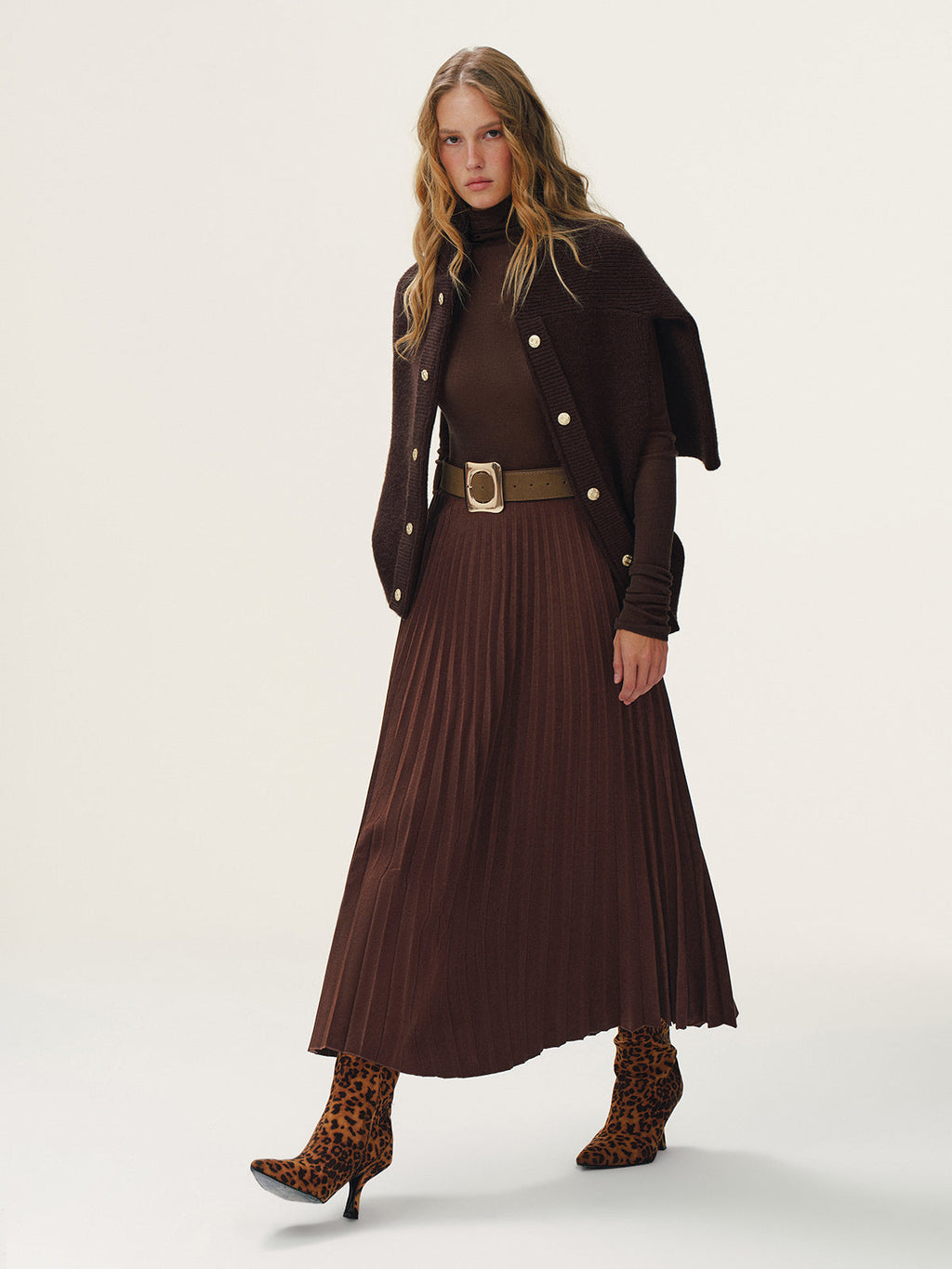 Belted Suede Effect Pleated Midi Skirt