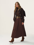 Belted Suede Effect Pleated Midi Skirt