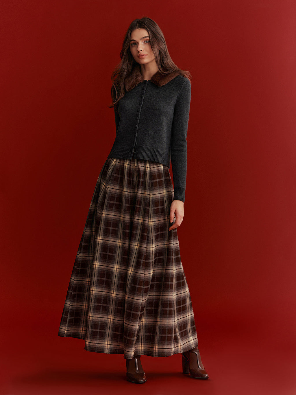 Plaid Flared Maxi Skirt