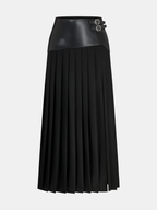 Buckle Detail Faux Leather Panel Pleated Midi Skirt