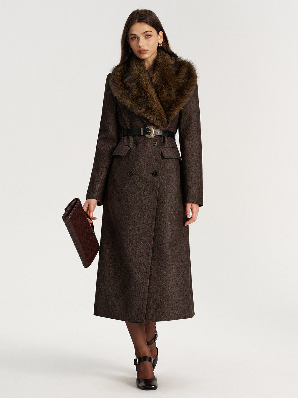 Faux Fur Collar Long Coat without Belt