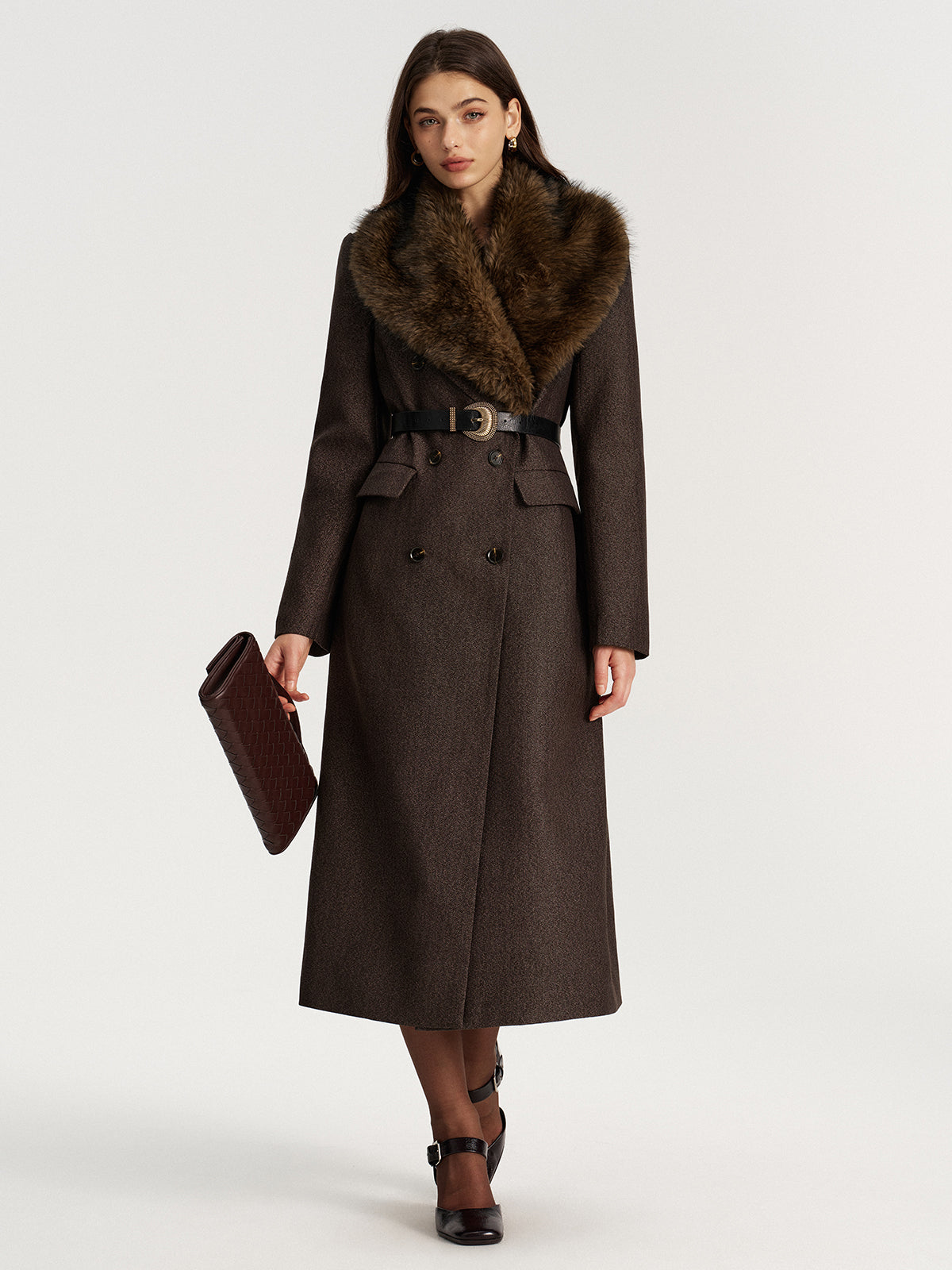 Faux Fur Collar Long Coat without Belt