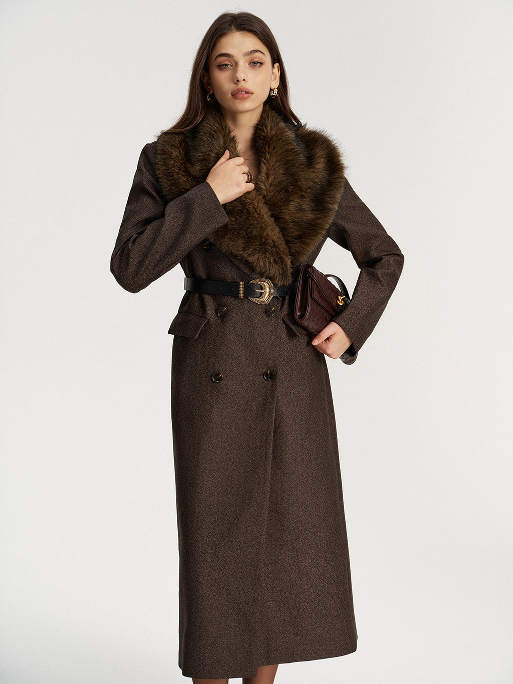 Faux Fur Collar Long Coat without Belt