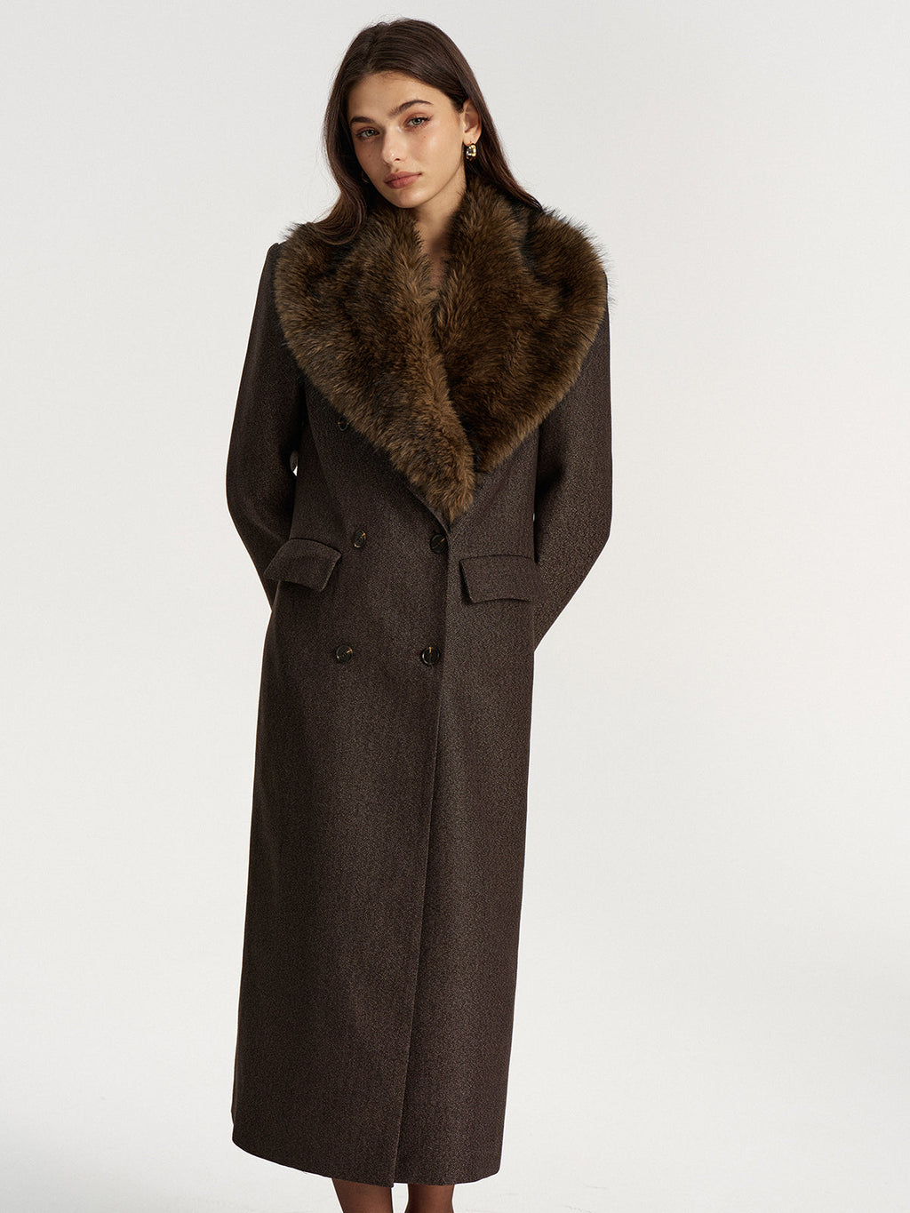 Faux Fur Collar Long Coat without Belt