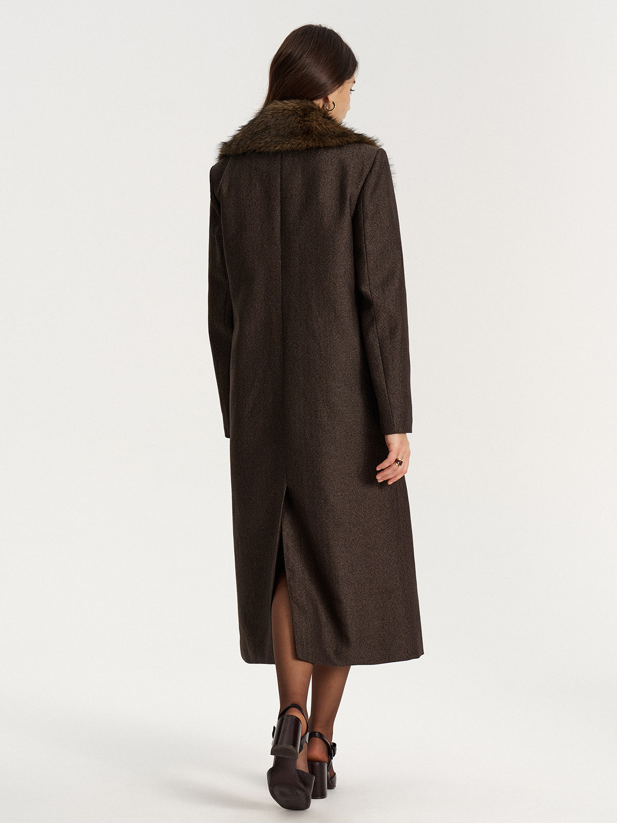 Faux Fur Collar Long Coat without Belt