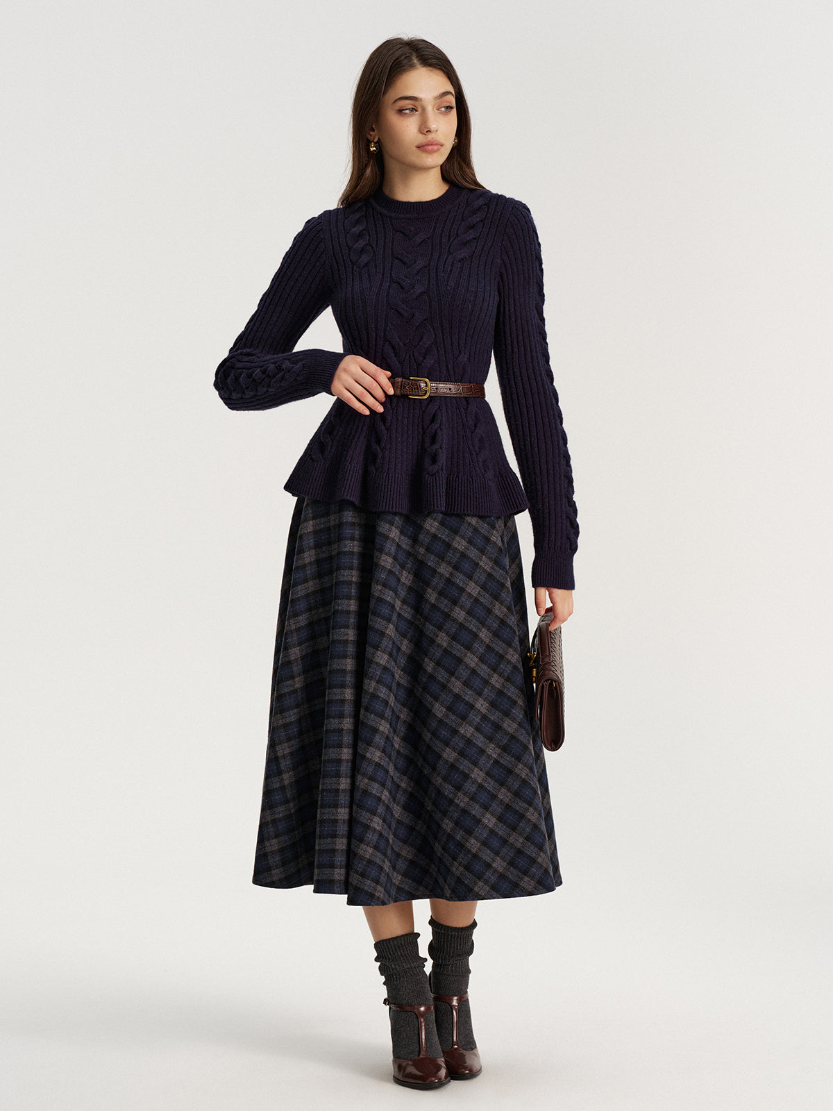 Plaid Tweed Midi Skirt