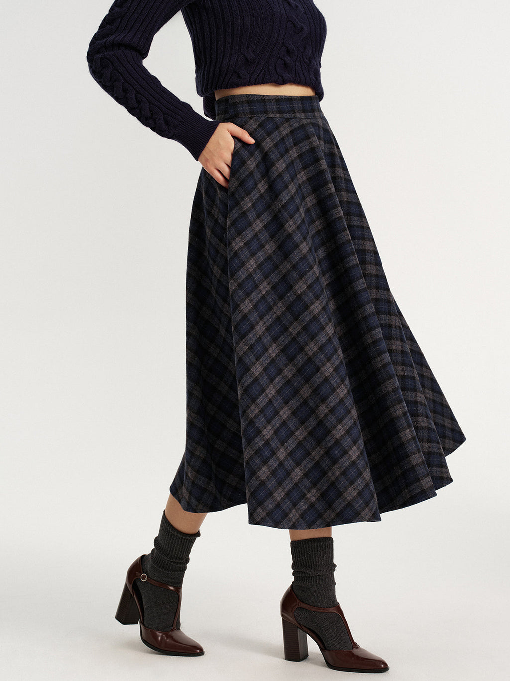 Plaid Tweed Midi Skirt