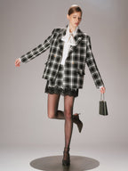 Metal Button Plaid Tweed Blazer