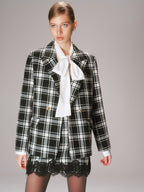 Metal Button Plaid Tweed Blazer