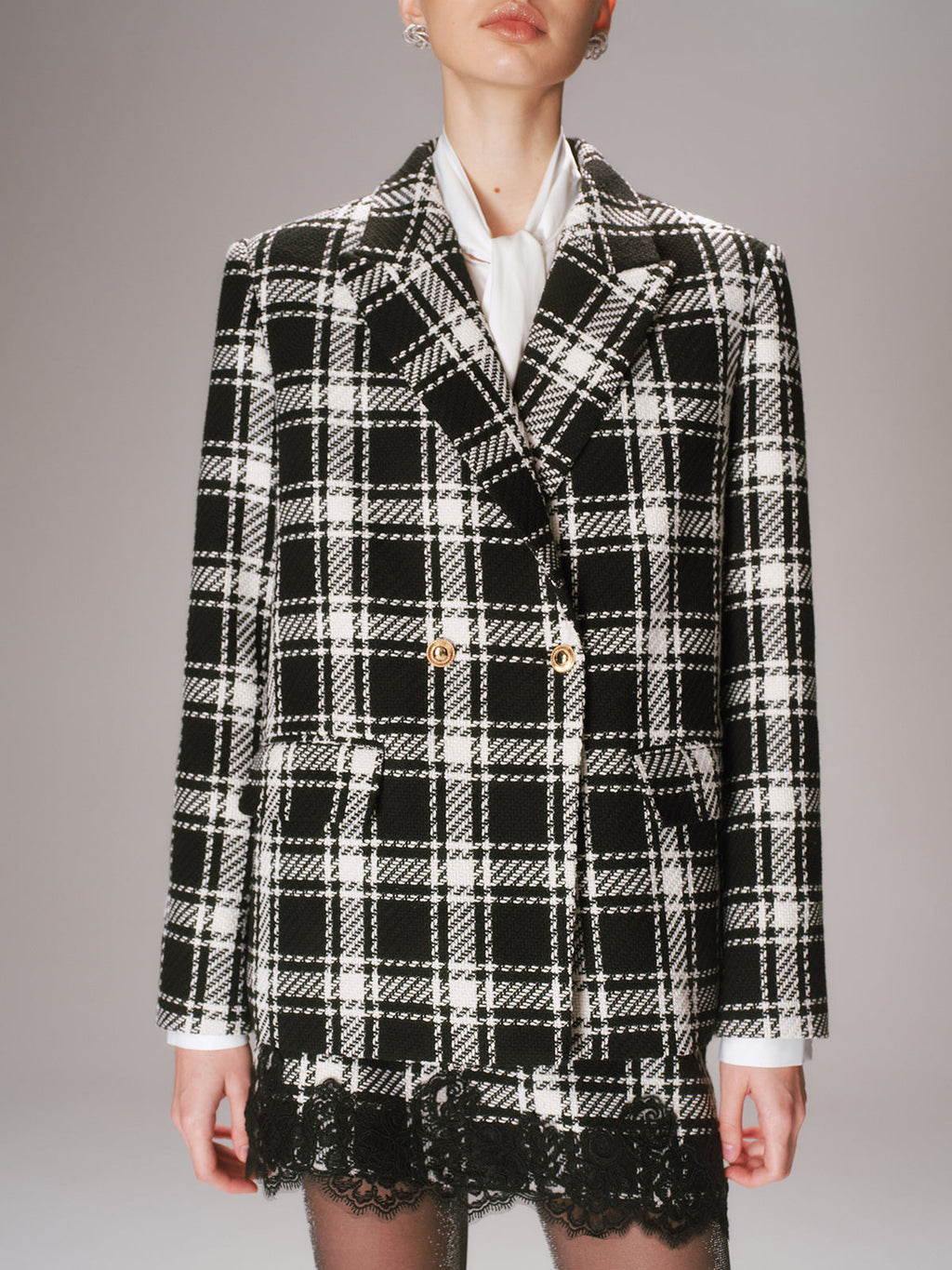 Metal Button Plaid Tweed Blazer