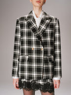 Metal Button Plaid Tweed Blazer