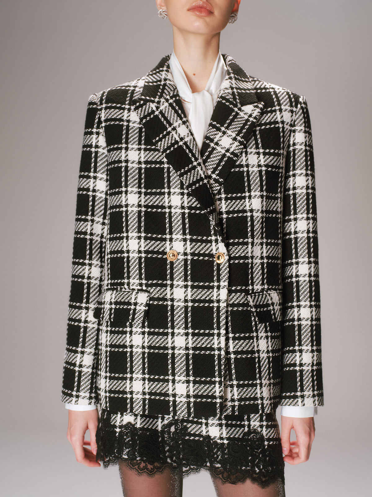 Metal Button Plaid Tweed Blazer