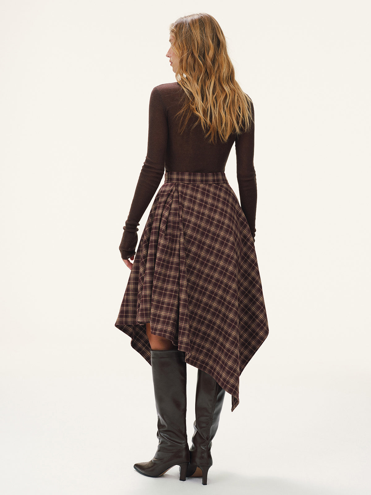 Plaid Asymmetric Midi Skirt