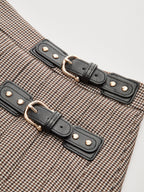 Buckle Detail Houndstooth Pleated Midi Skirt
