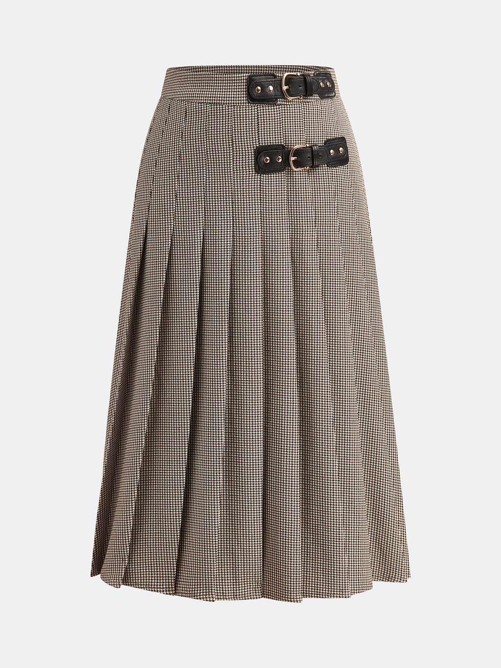 Buckle Detail Houndstooth Pleated Midi Skirt