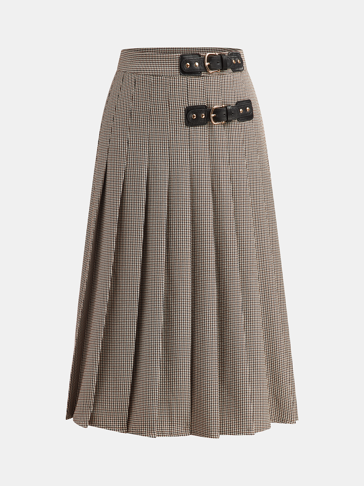 Buckle Detail Houndstooth Pleated Midi Skirt
