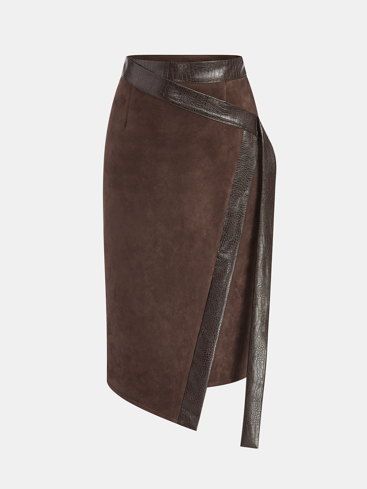 Crocodile PU Leather Panel Suede Effect Midi Skirt