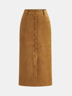 Decorative Button Suede Effect Slit Midi Skirt
