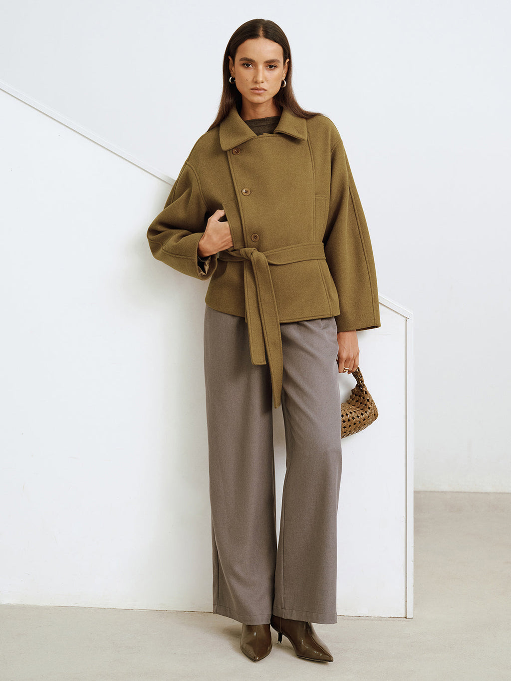 Belted Faux Cashmere Collared Coat