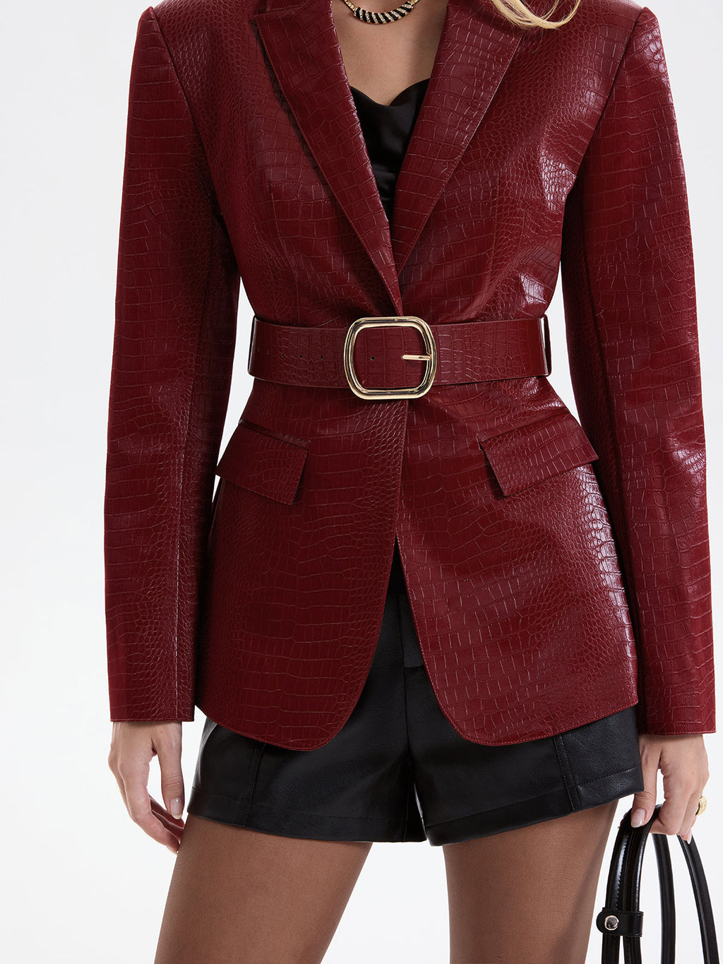 Belted Crocodile-Embossed Blazer