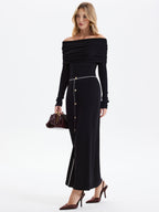Contrast-Trim Button-Front Maxi Knit Skirt