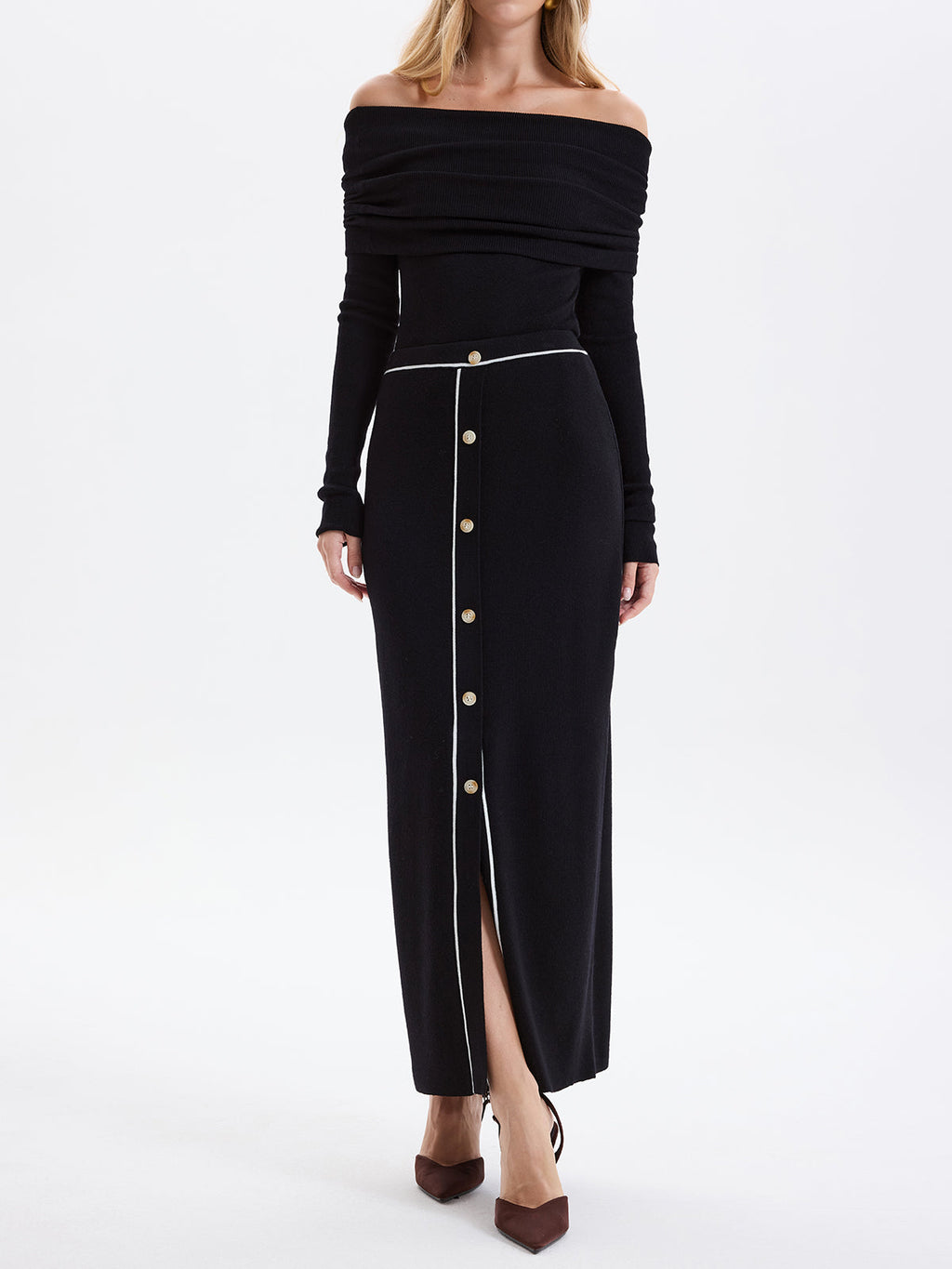Contrast-Trim Button-Front Maxi Knit Skirt