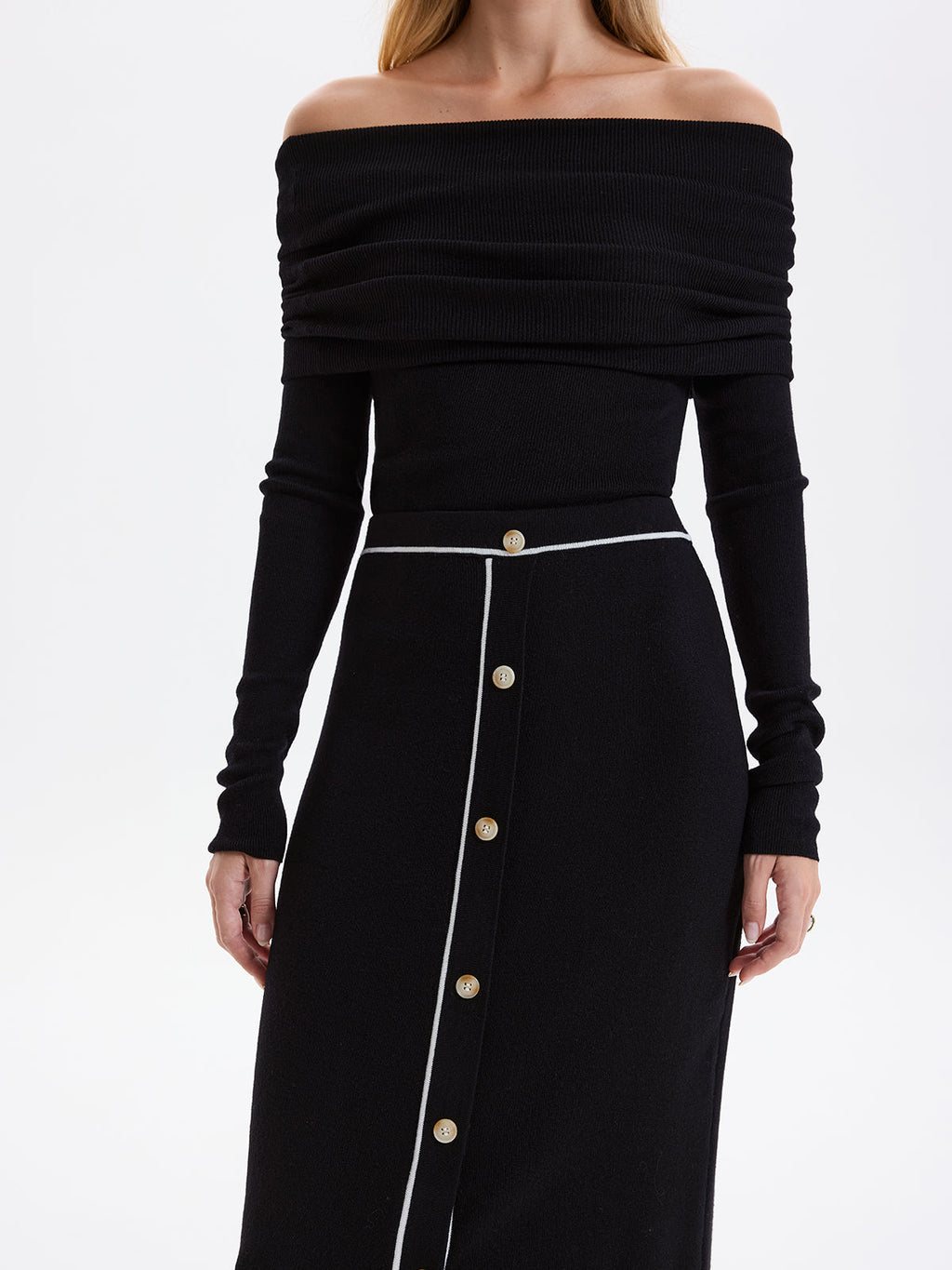 Contrast-Trim Button-Front Maxi Knit Skirt