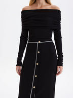 Contrast-Trim Button-Front Maxi Knit Skirt