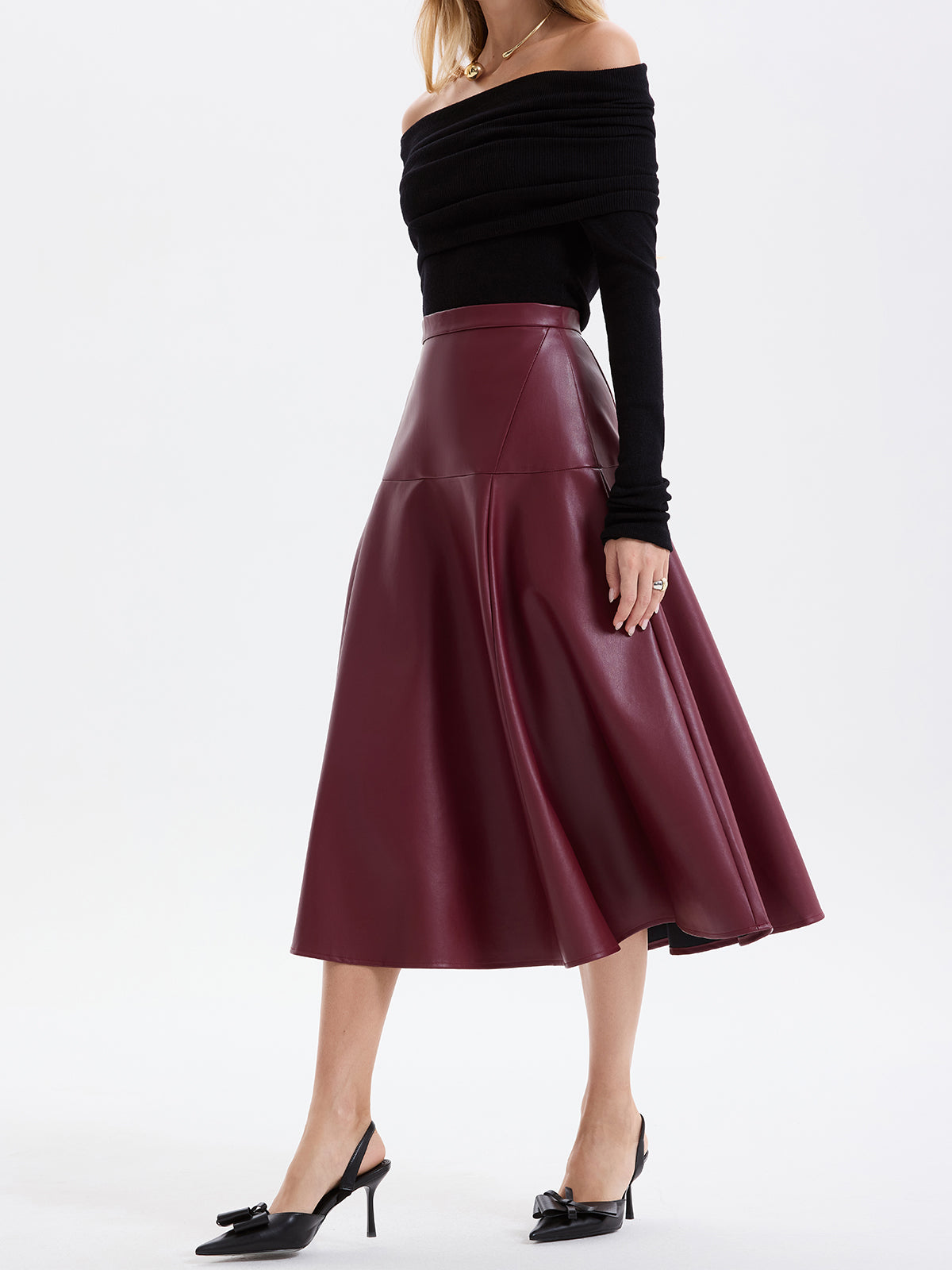 Wave Hem Faux Leather Midi Skirt