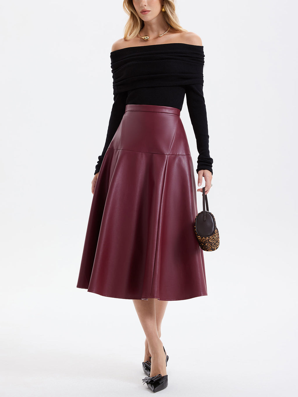 Wave Hem Faux Leather Midi Skirt