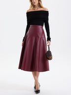 Wave Hem Faux Leather Midi Skirt