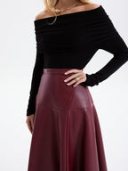 Wave Hem Faux Leather Midi Skirt