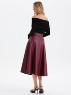Wave Hem Faux Leather Midi Skirt