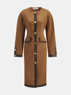 Faux Leather Trim Tweed Long Coat