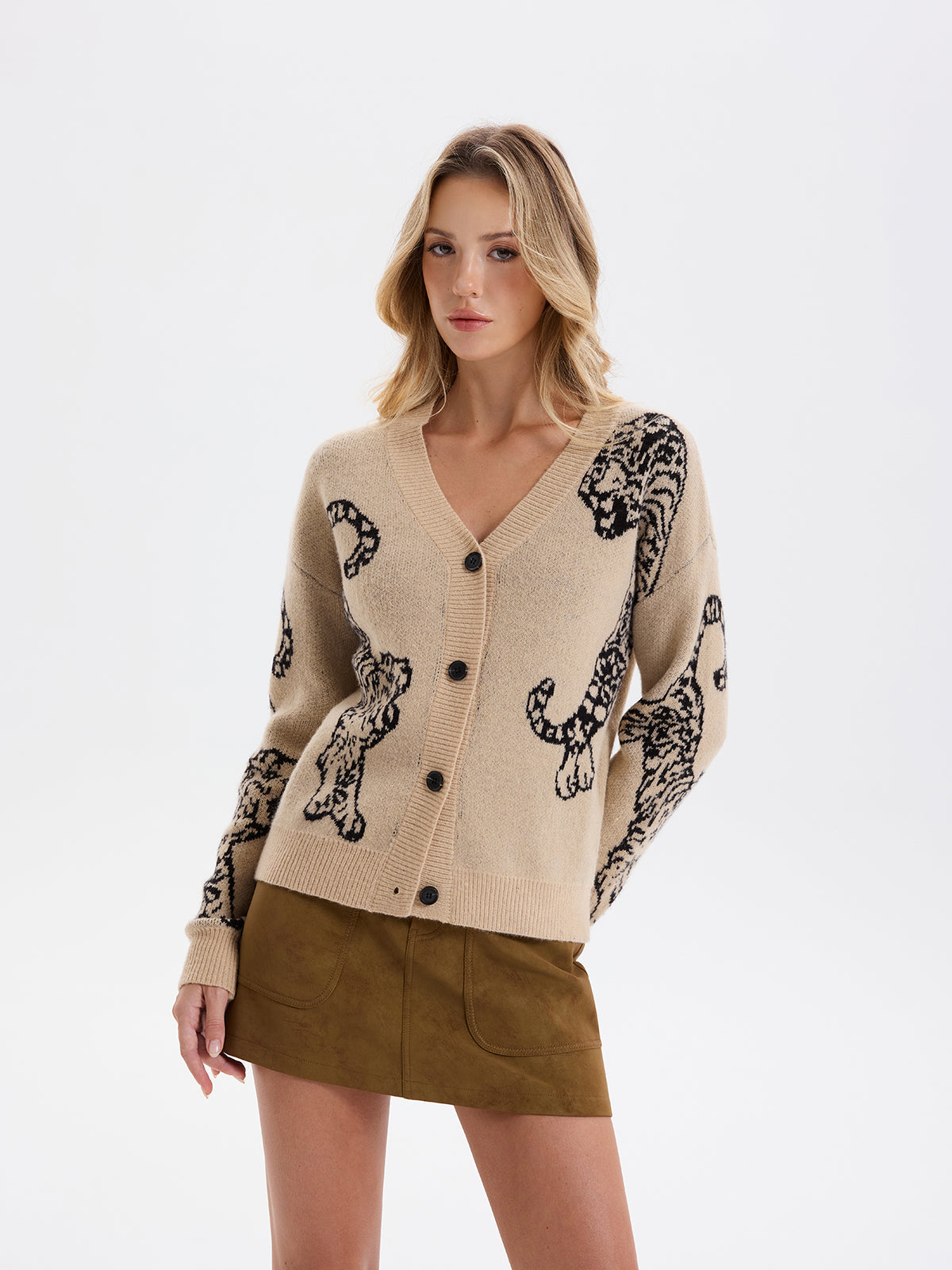 Tiger Jacquard V-Neck Knit Cardigan